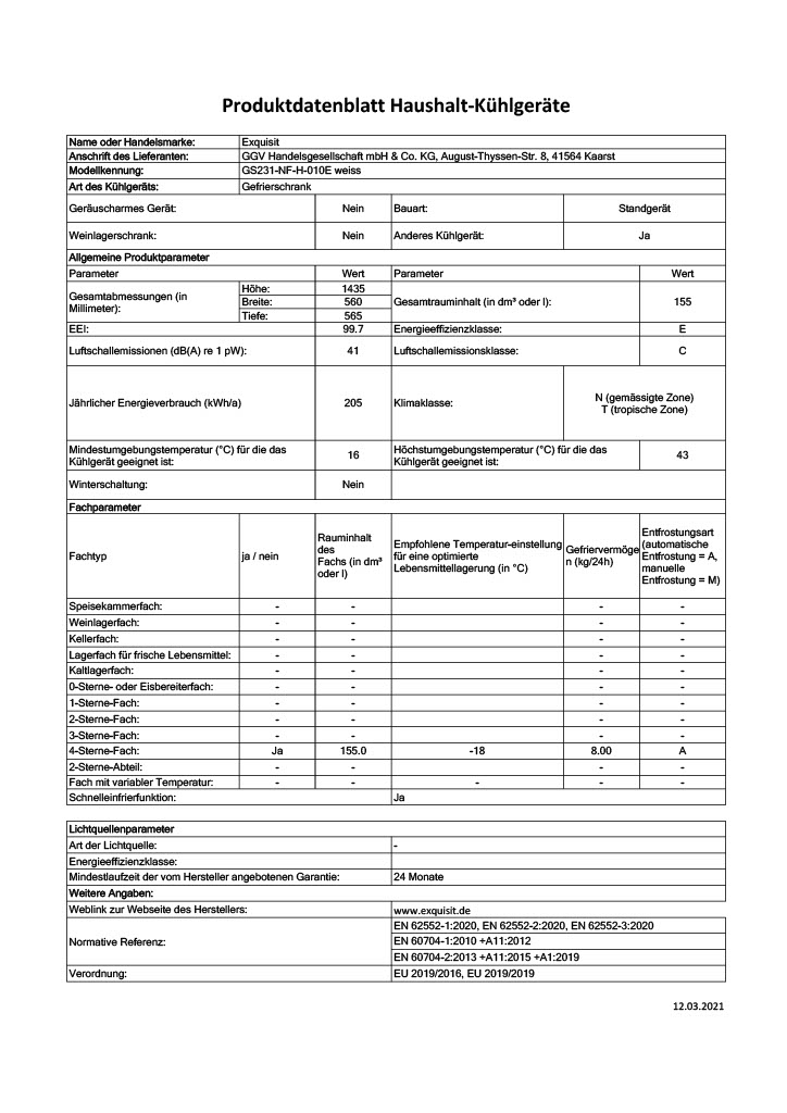 Exquisit GS231-NF-H-010E Standgefrierschrank, 155L, No-Frost, 4 Sterne, Energieeffizienz E