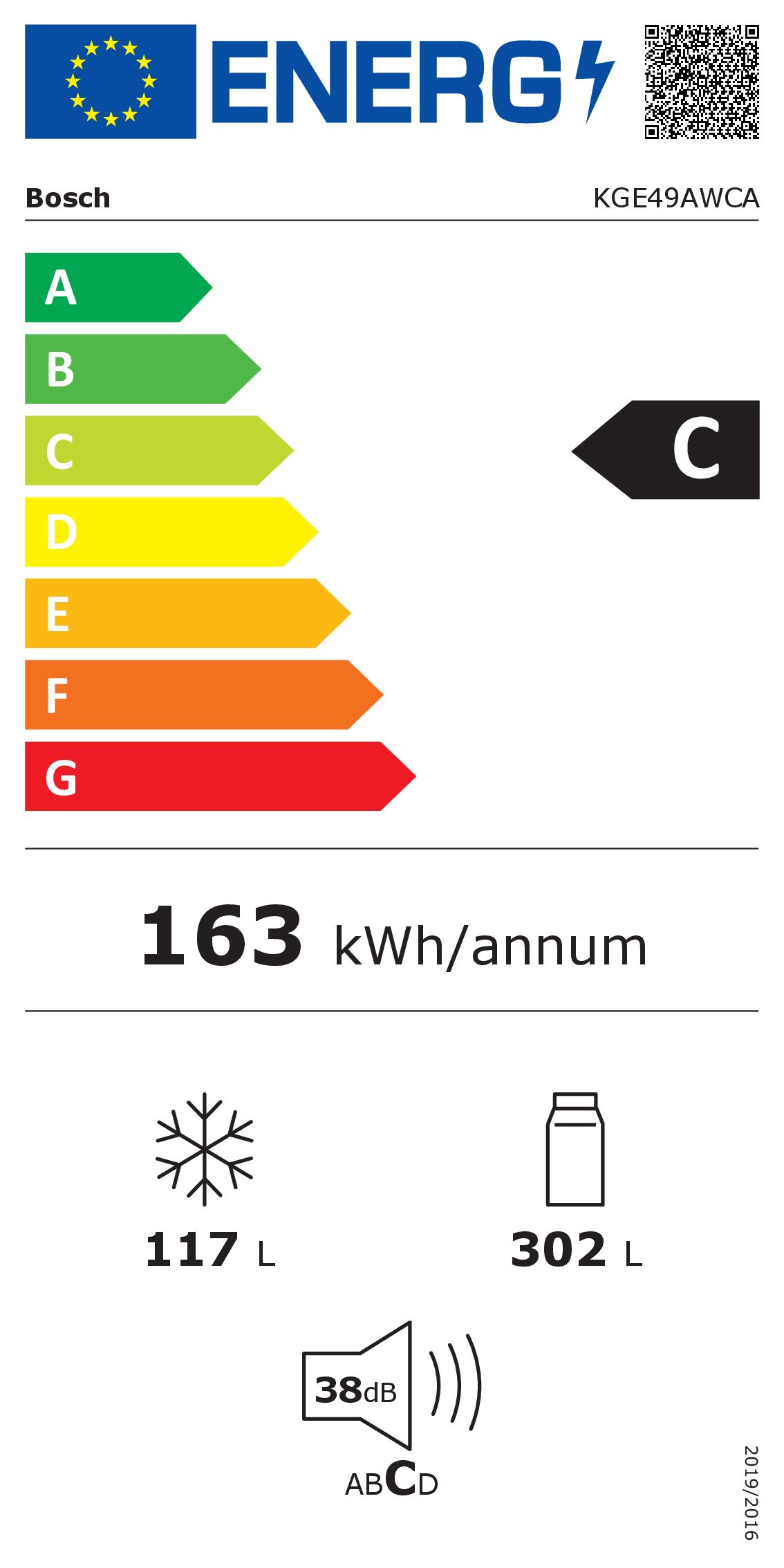 Bosch KGE49AWCA  Kühl-Gefrierkombi kWh/Jahr  Inhalt Kühlbereich 302 Liter 