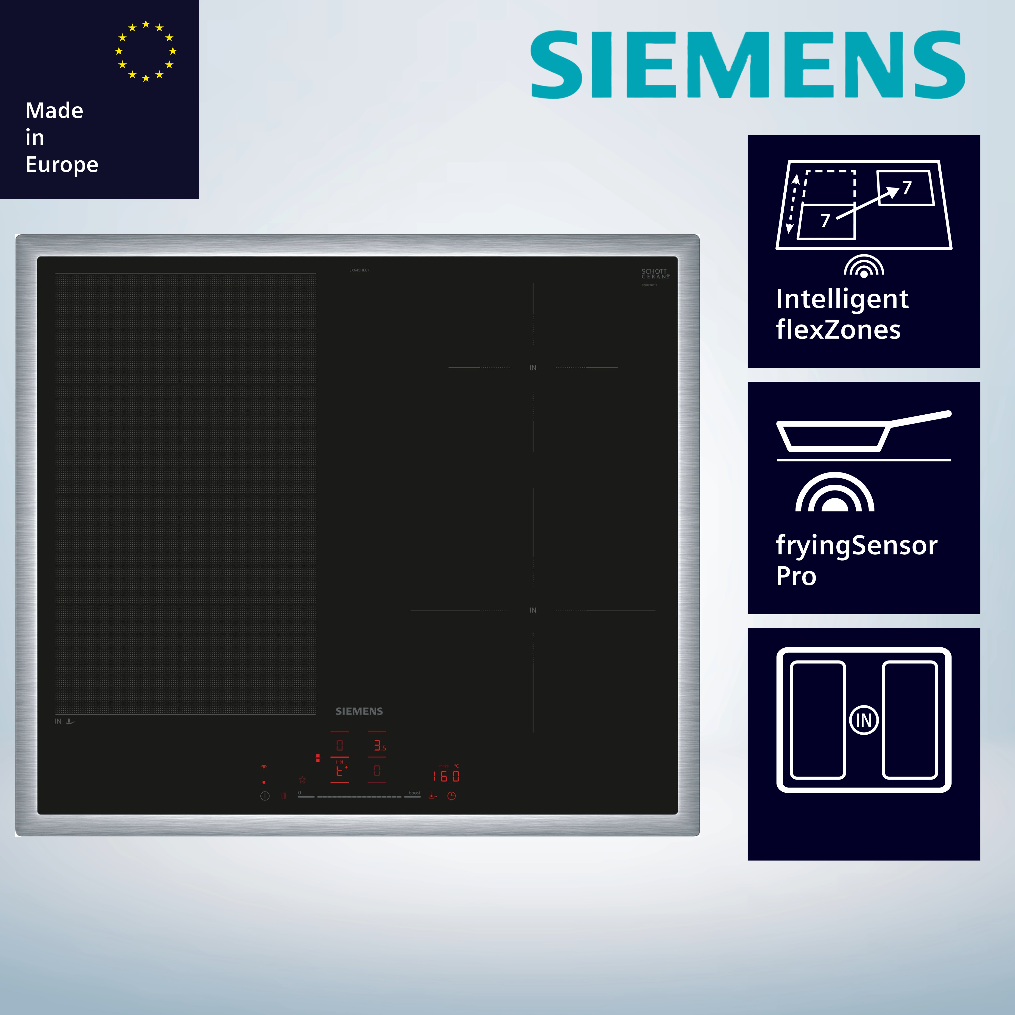 Siemens EX645HEC1E Induktionskochfeld  flacher, breiter Rahmen  autark  aufliegender Einbau  Standardbreite 60