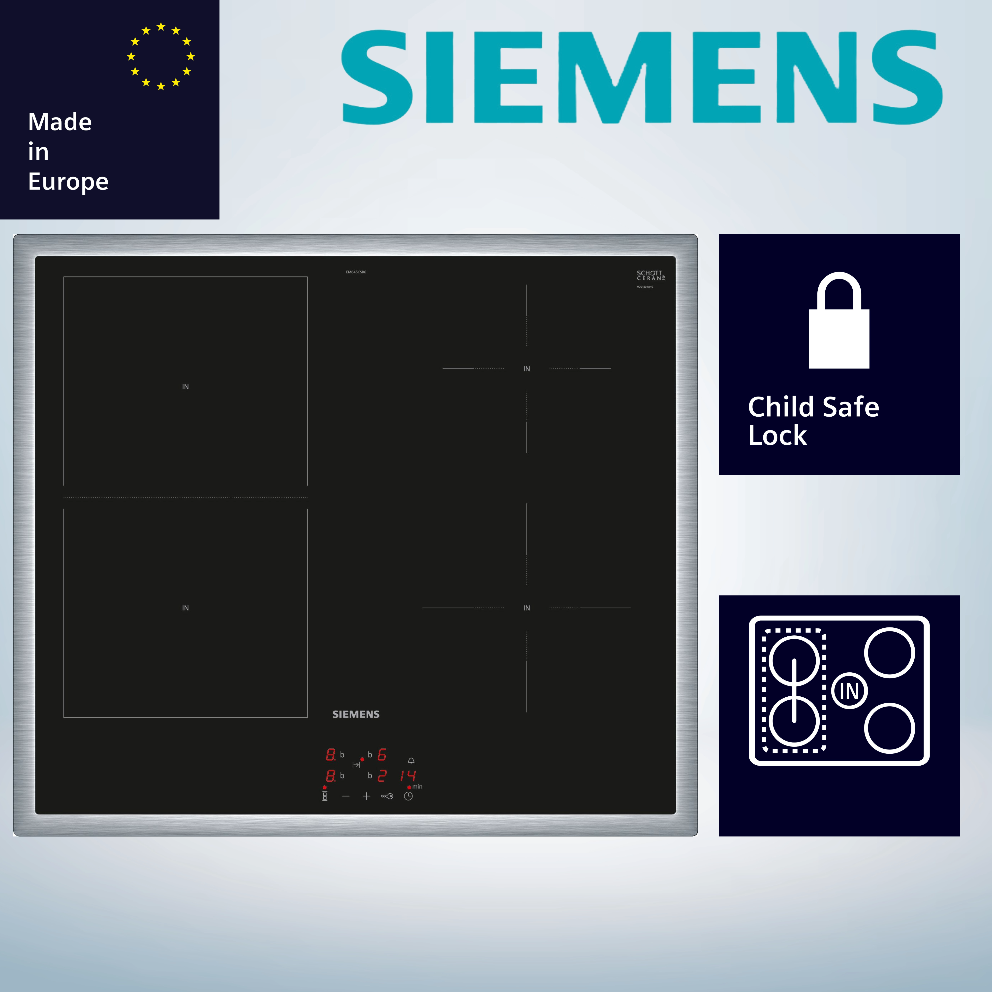 Siemens EM645CSB6E Induktionskochfeld  flacher, breiter Rahmen  herdgebunden  aufliegender Einbau