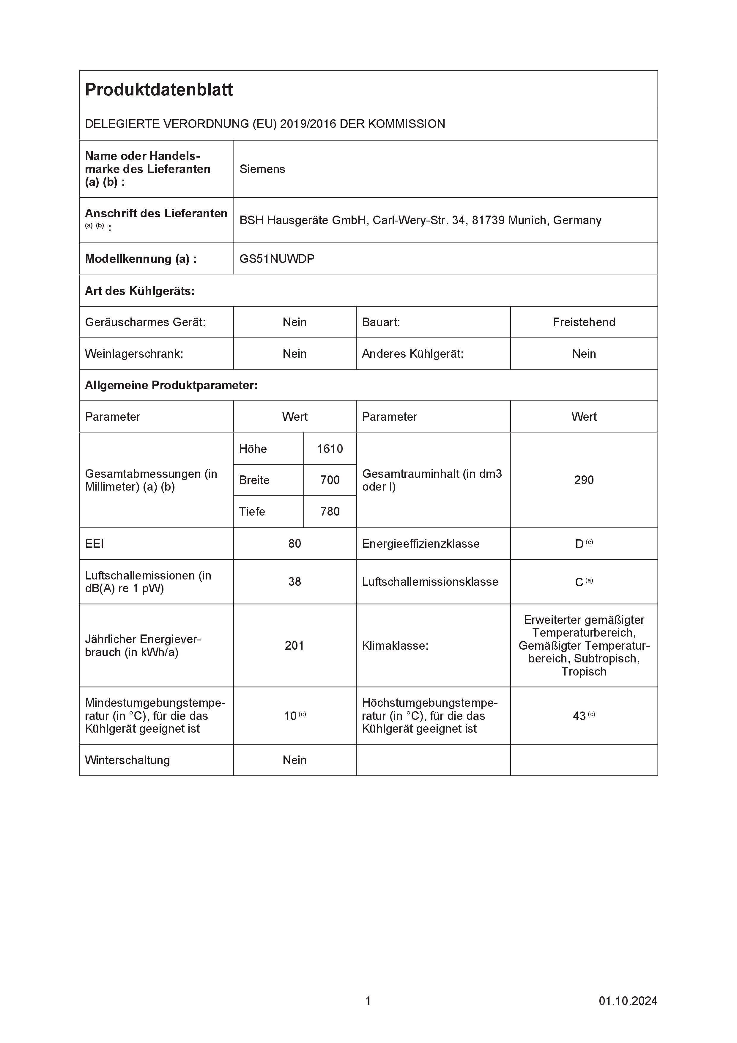 Siemens GS51NUWDP  Standgefrierschrank  290 Liter 