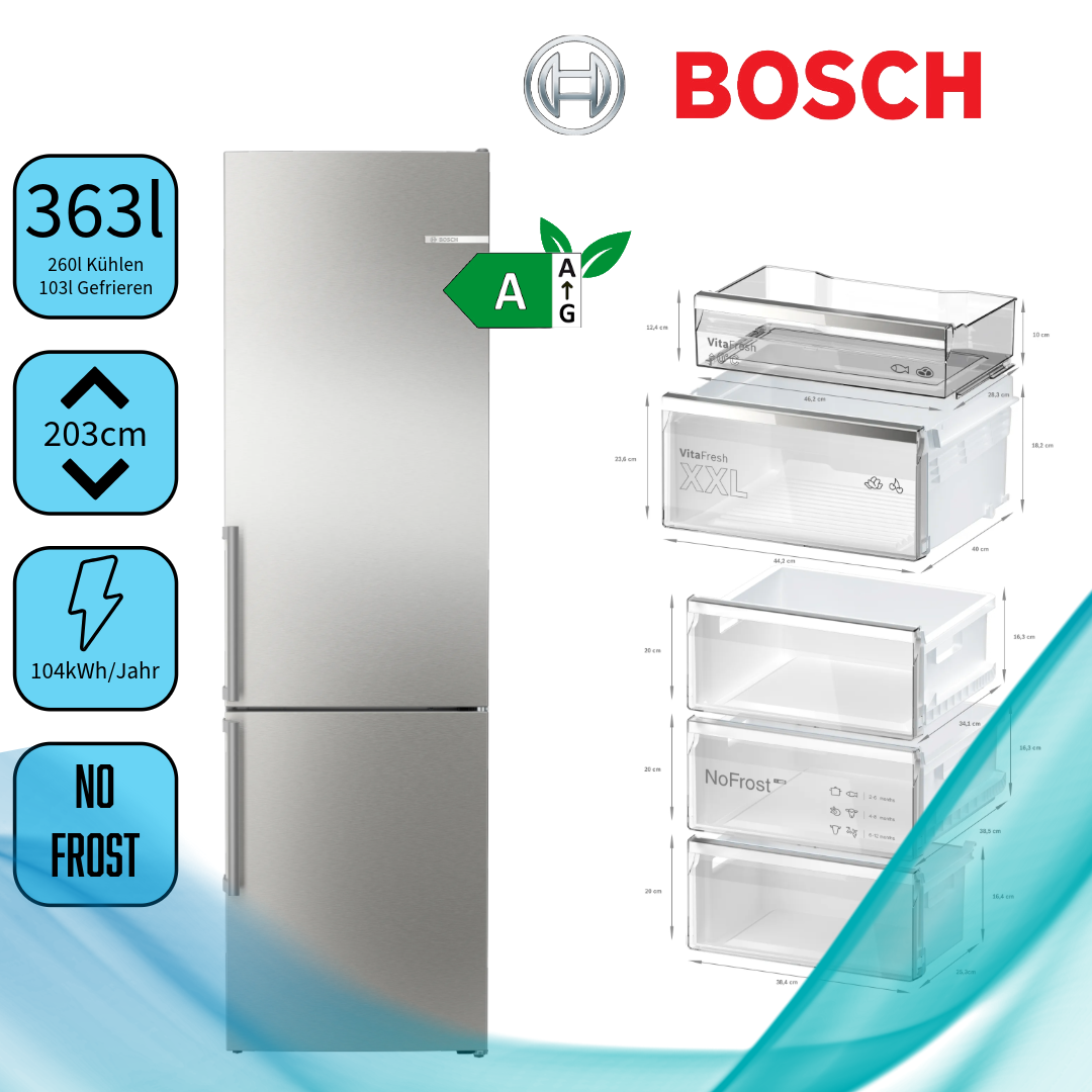 Bosch KGN39AIAT Kühl-Gefrierkombination  Inhalt Kühlbereich 260 Liter  Höhe 203 cm  0-Grad-Zone  NoF