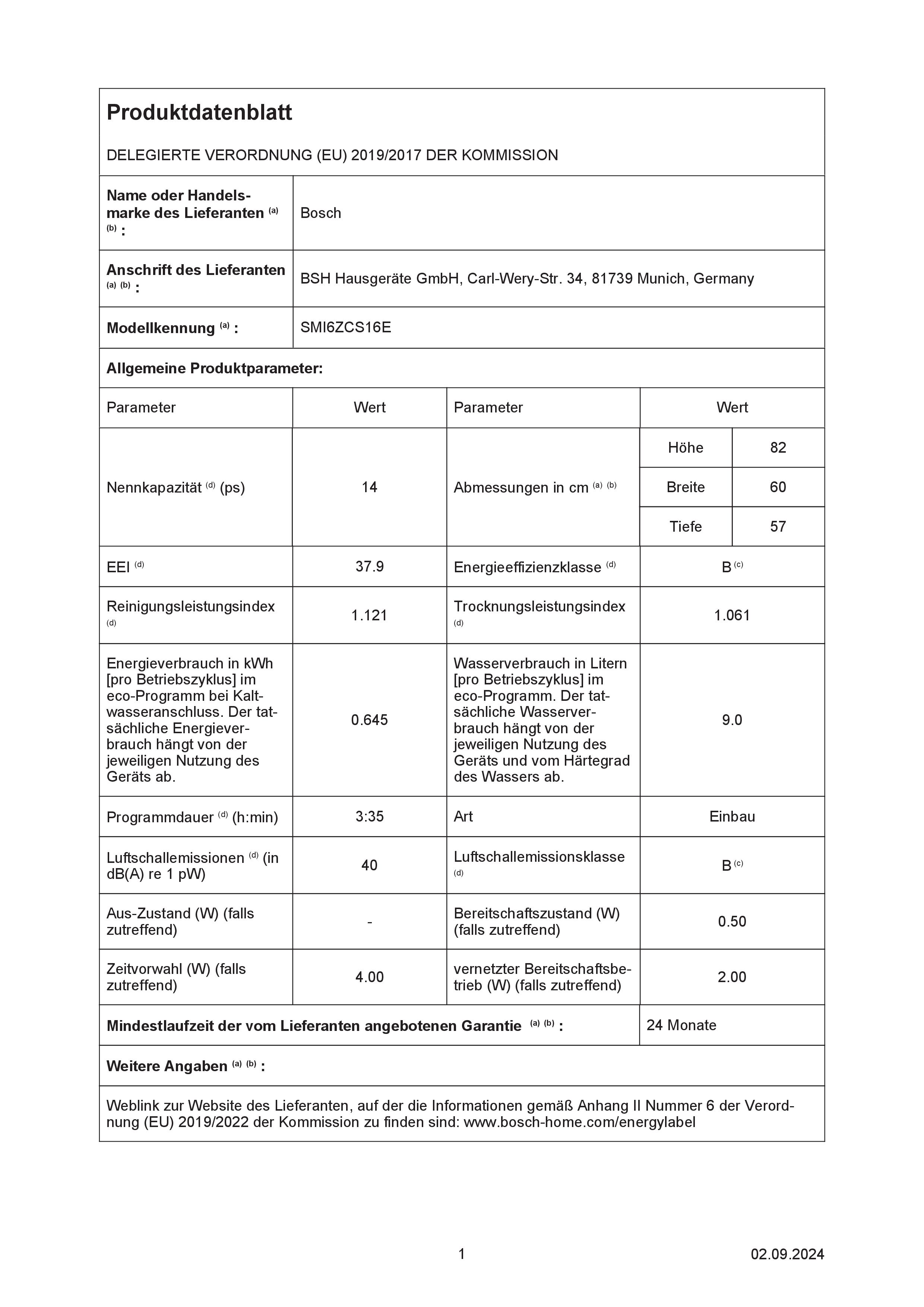 Bosch SMI6ZCS16E Einbaugeschirrspüler  teilintegrierbar  Anzahl Maßgedecke 14 