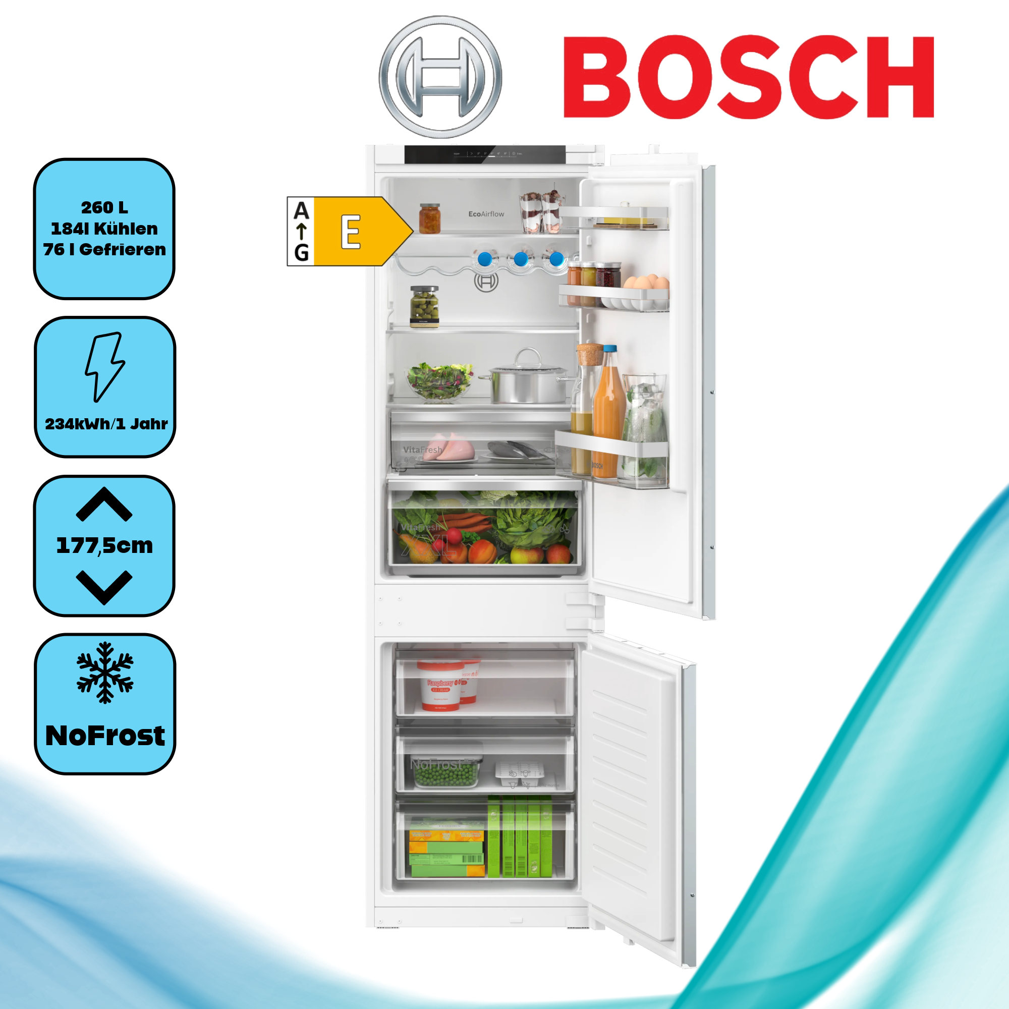 Bosch KIN86VSE0  Einbaukühlschrank  Inhalt Kühlbereich 184 Liter  Höhe 177,2 cm  0-Grad-Zone