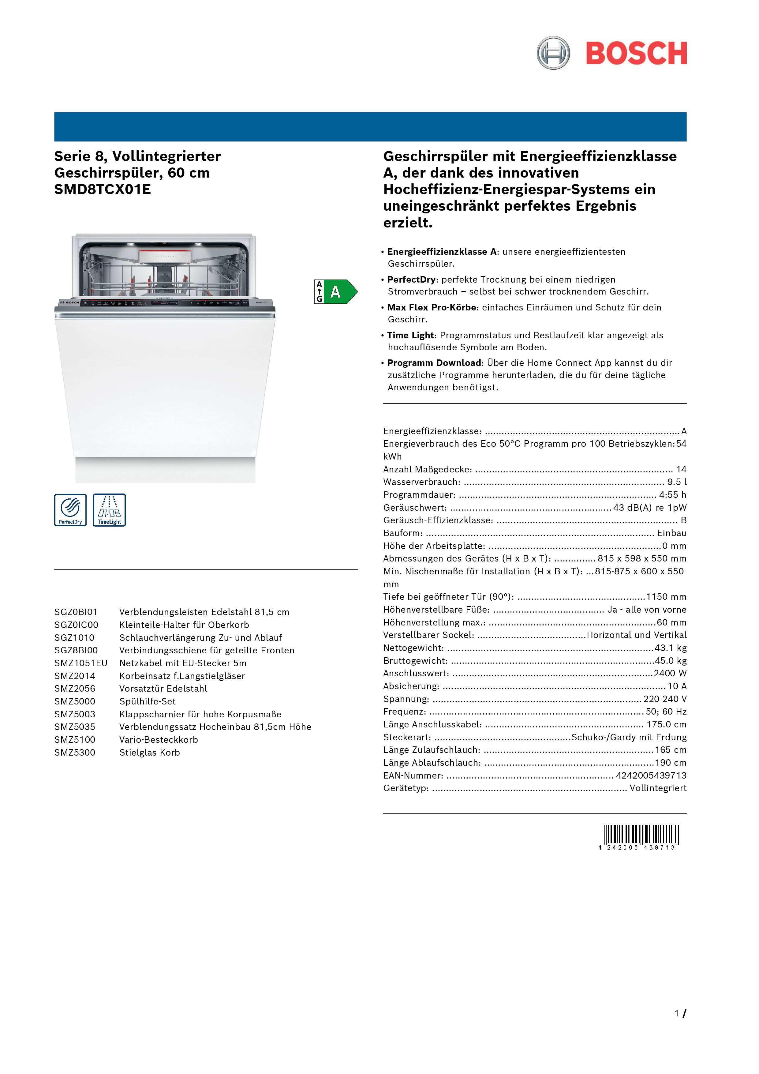 Bosch SMD8TCX01E Einbaugeschirrspüler