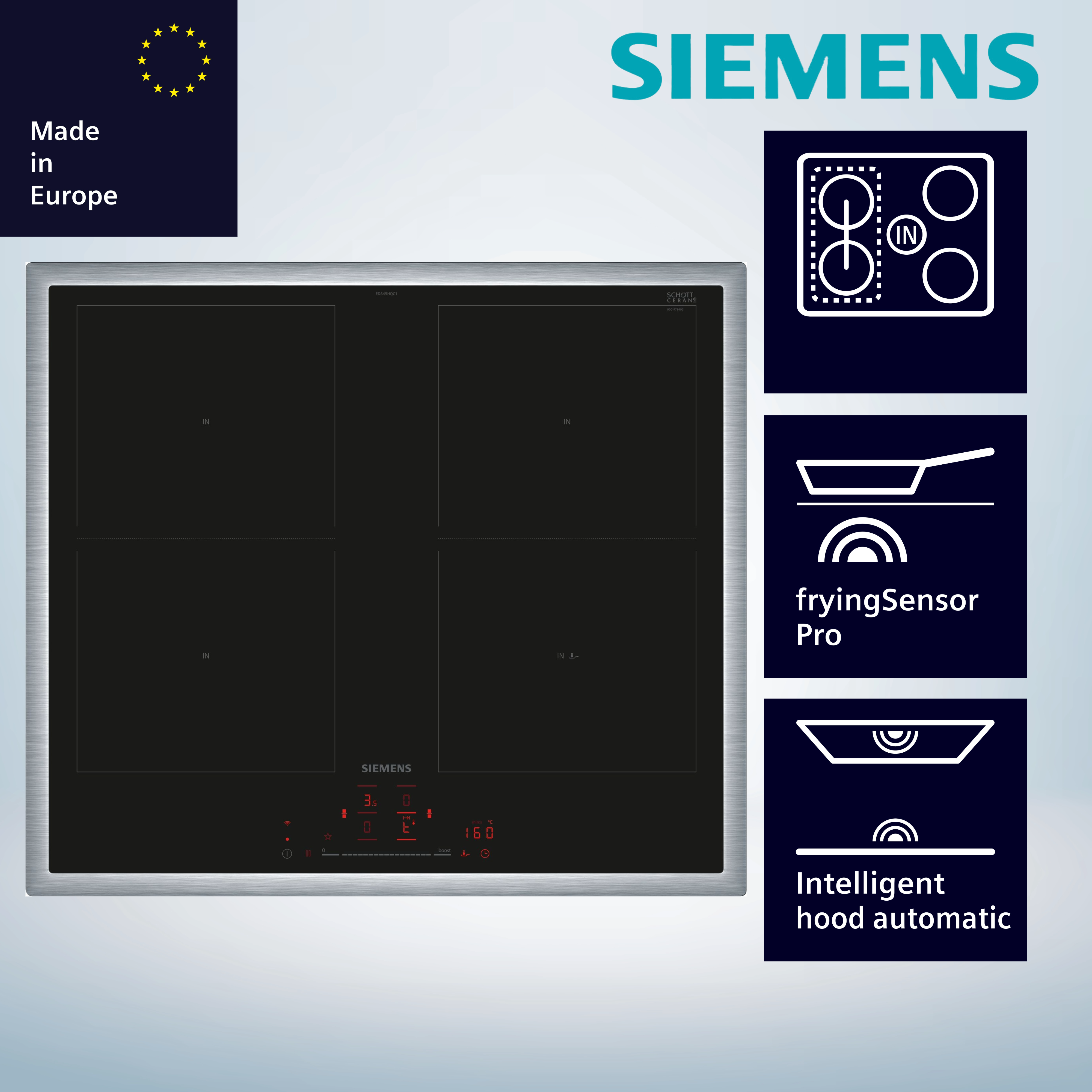 Siemens ED645HQC1E Induktionskochfeld  flacher, breiter Rahmen  autark  aufliegender Einbau  Standardbreite 60 