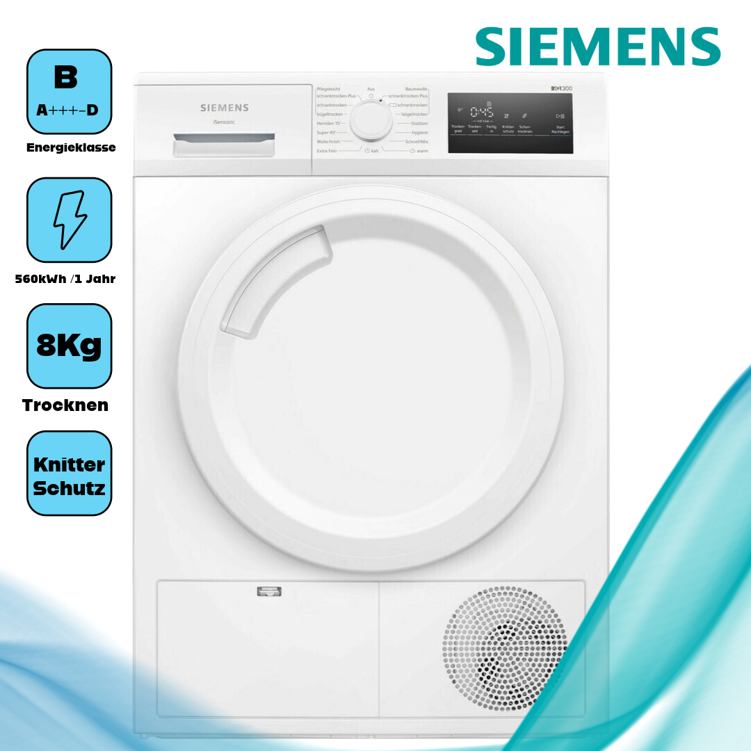 Siemens WT43N203 Kondenstrockner  Kondensationseffizienzklasse B  8 kg  Programmdauer 150 min 