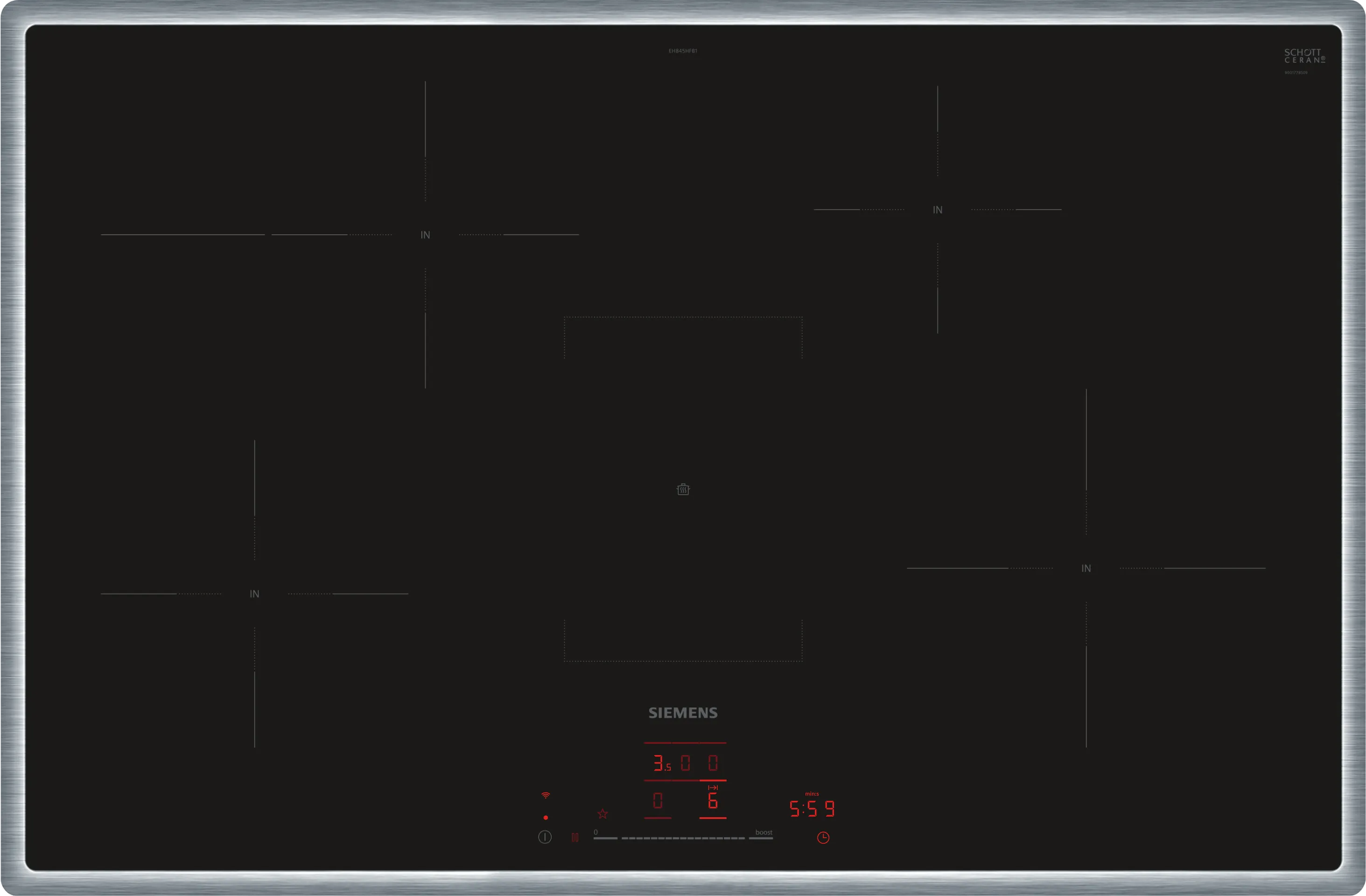 Siemens EH845HFB1E Induktionskochfeld  flacher, breiter Rahmen  autark  aufliegender Einbau  Standardbreite 85 