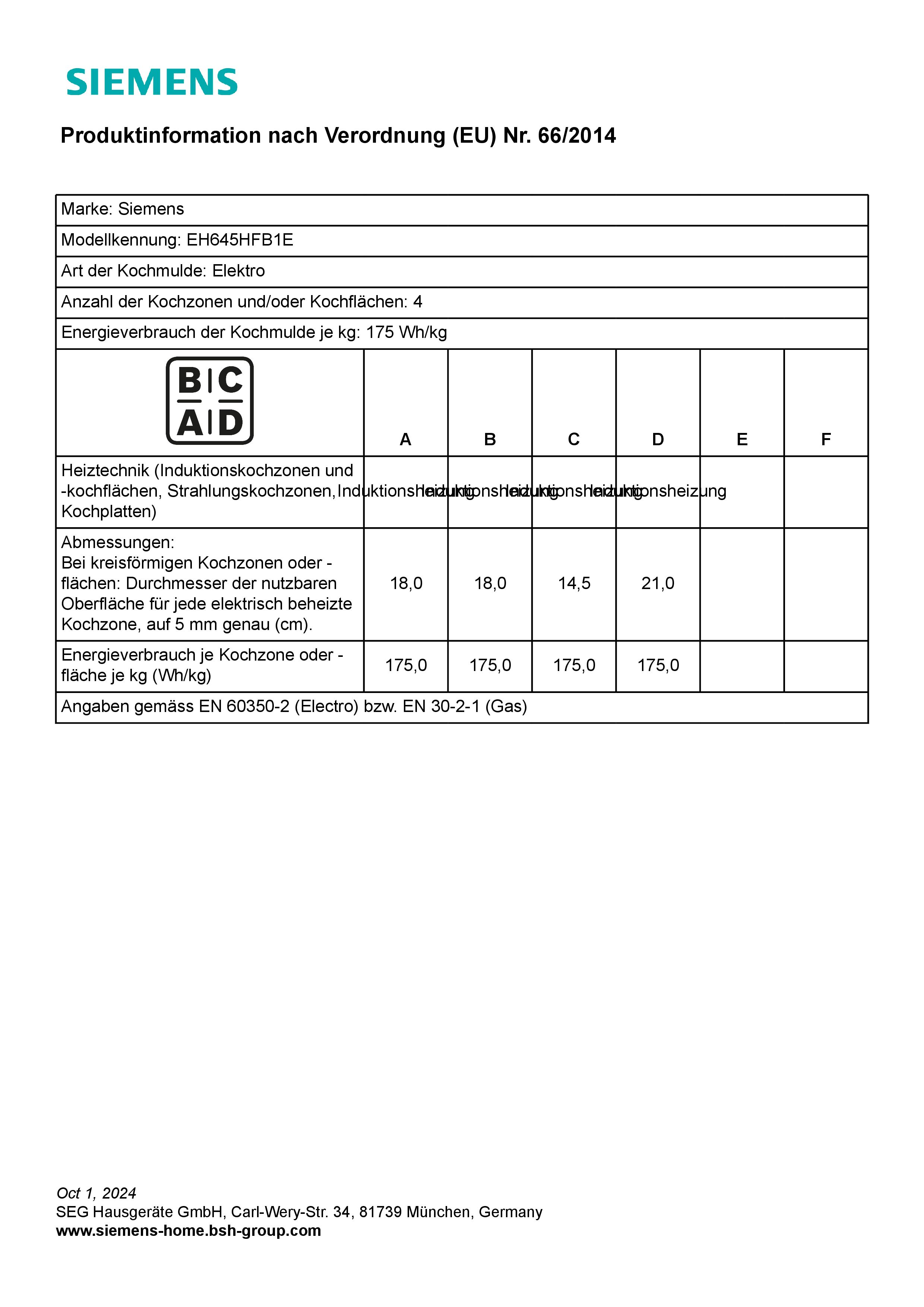  Siemens EH645HFB1E Induktionskochfeld  autark  aufliegender Einbau  WLAN  Standardbreite 60 