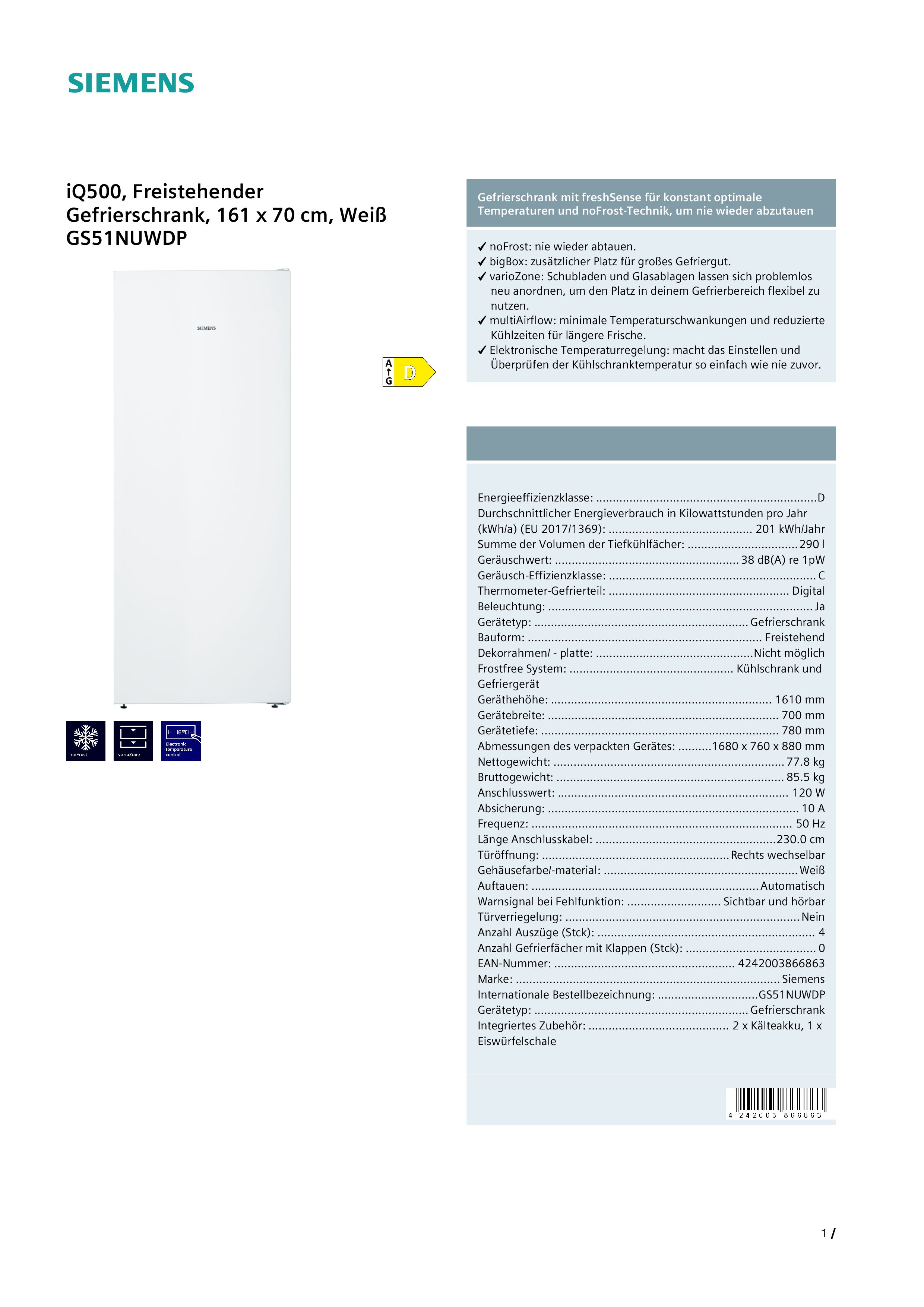 Siemens GS51NUWDP  Standgefrierschrank  290 Liter 