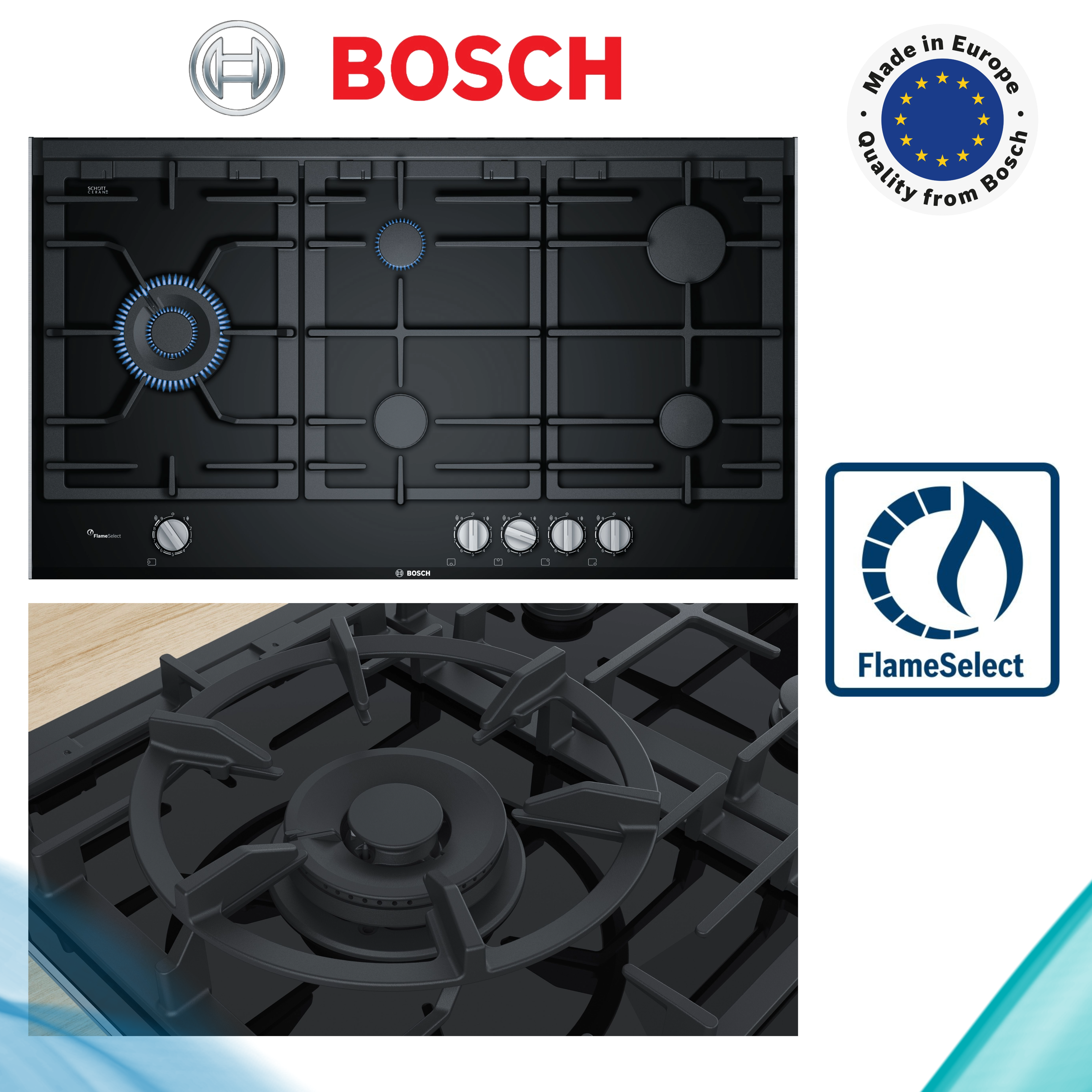 Bosch PRS9A6B70D Serie 8 Gaskochfeld 90 cm Glaskeramik, Schwarz