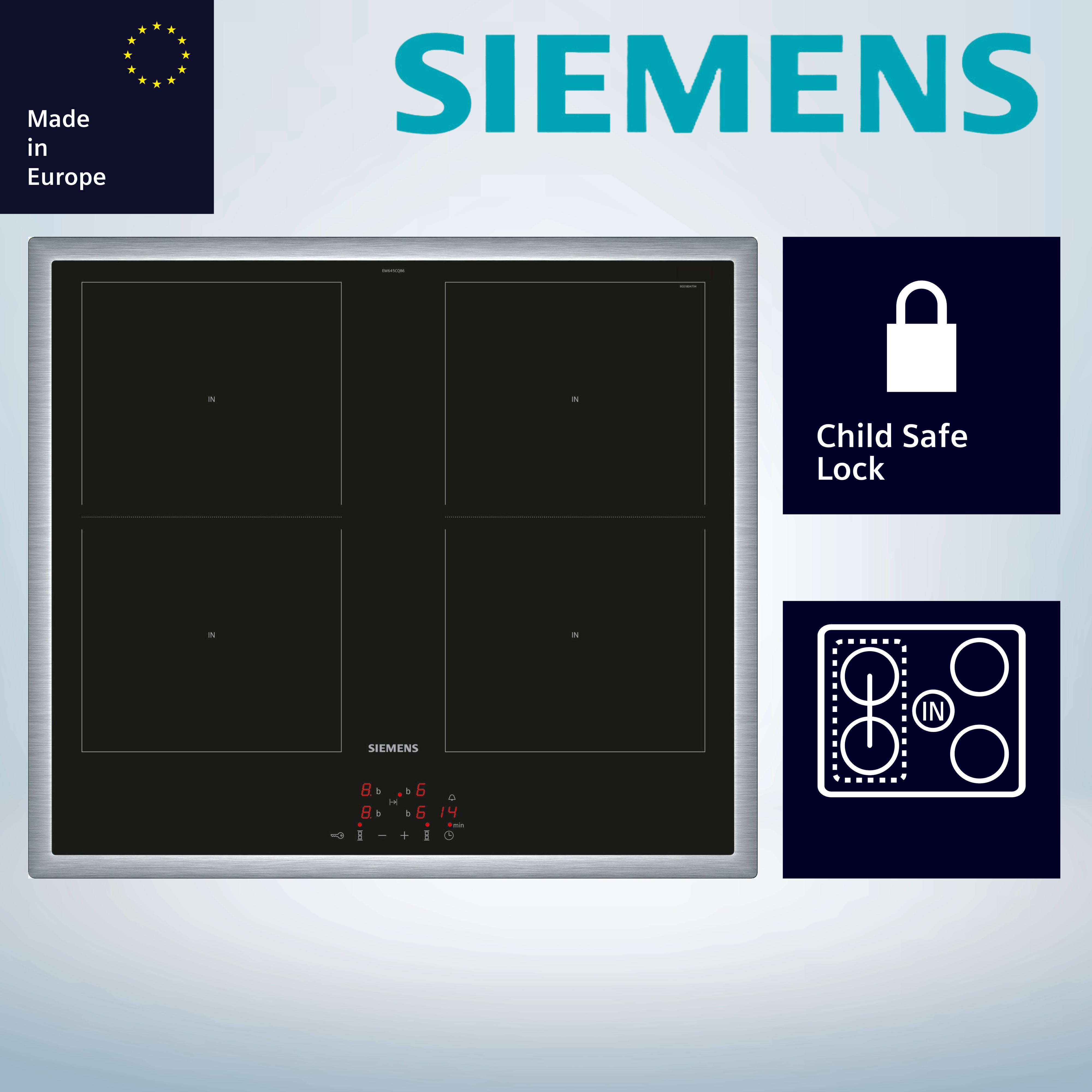 Siemens EM645CQB6E Induktionskochfeld  flacher, breiter Rahmen  herdgebunden  aufliegender Einbau  Standardbreite 60