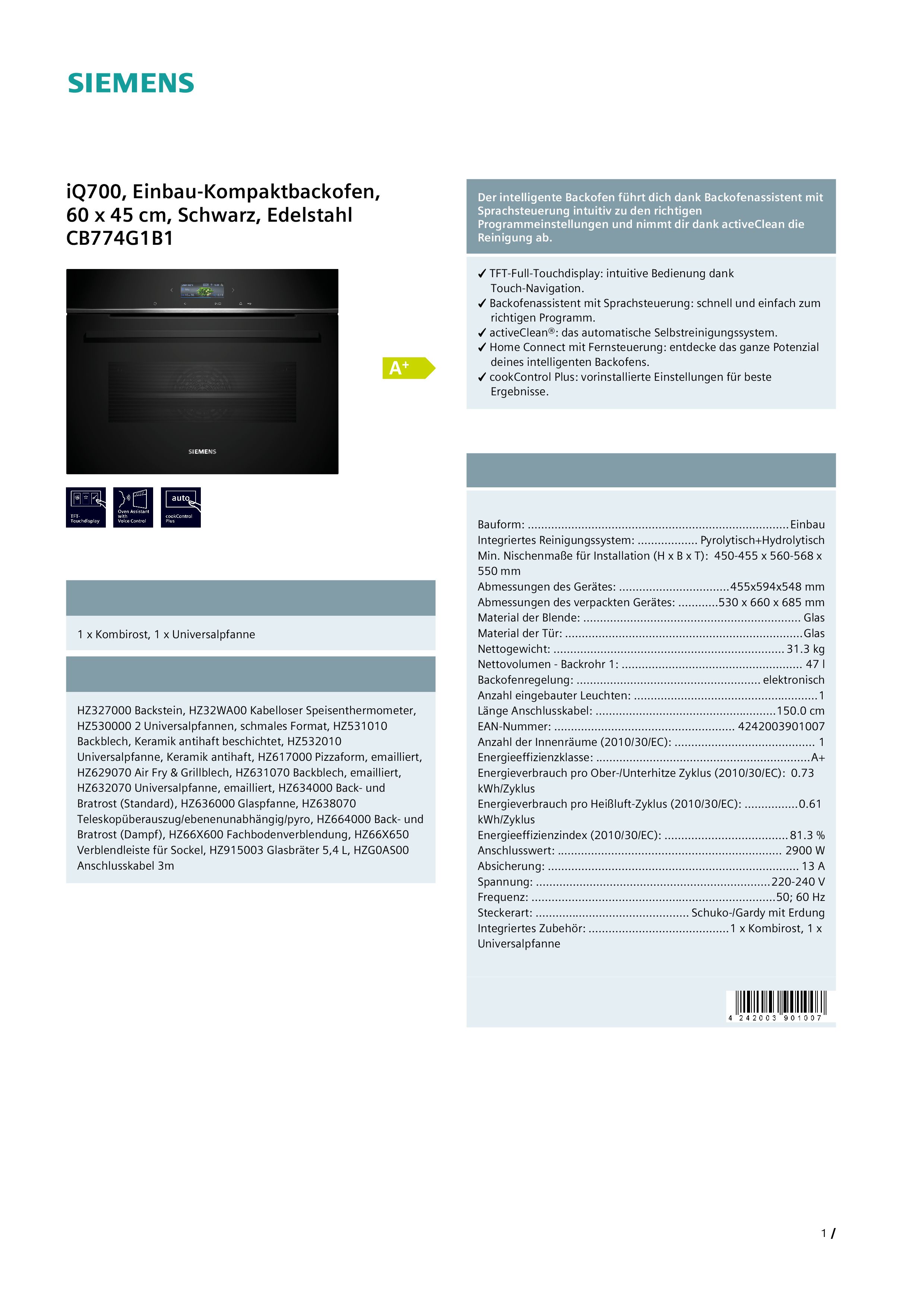  Siemens CB774G1B1 Kompaktbackofen  47 Liter  Hydrolyse  WLAN-fähig  Umluft  Heißluft  Grill 