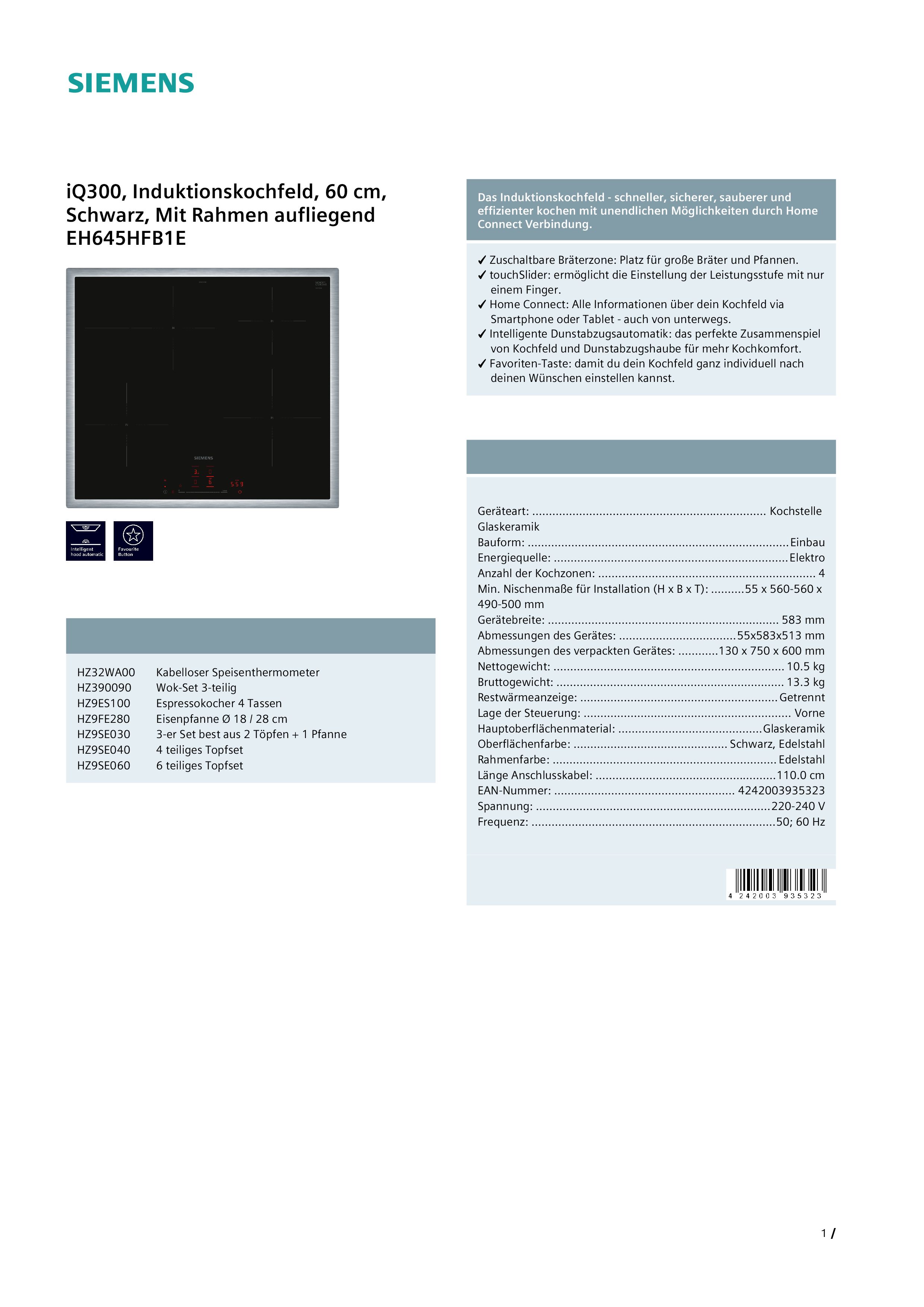  Siemens EH645HFB1E Induktionskochfeld  autark  aufliegender Einbau  WLAN  Standardbreite 60 