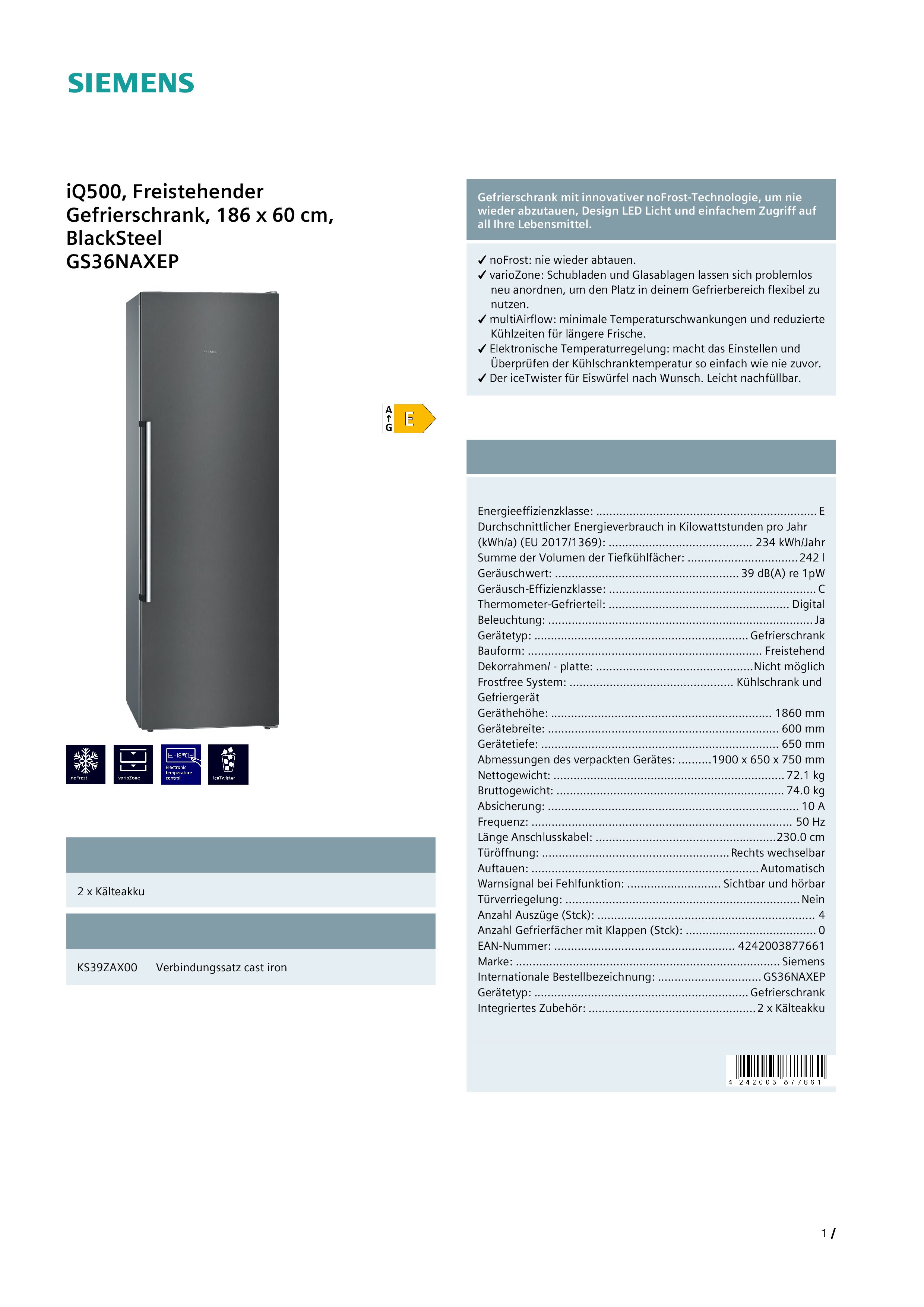 Siemens GS36NAXEP  Standgefrierschrank   242 Liter 