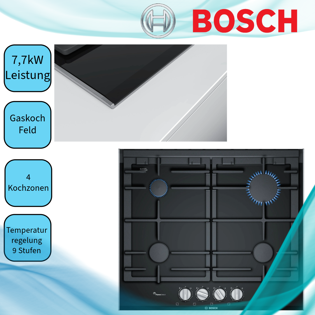 Bosch PRP6A6B70D Gaskochfeld, Facettenschliff  autark  aufliegender Einbau  Zündsicherung