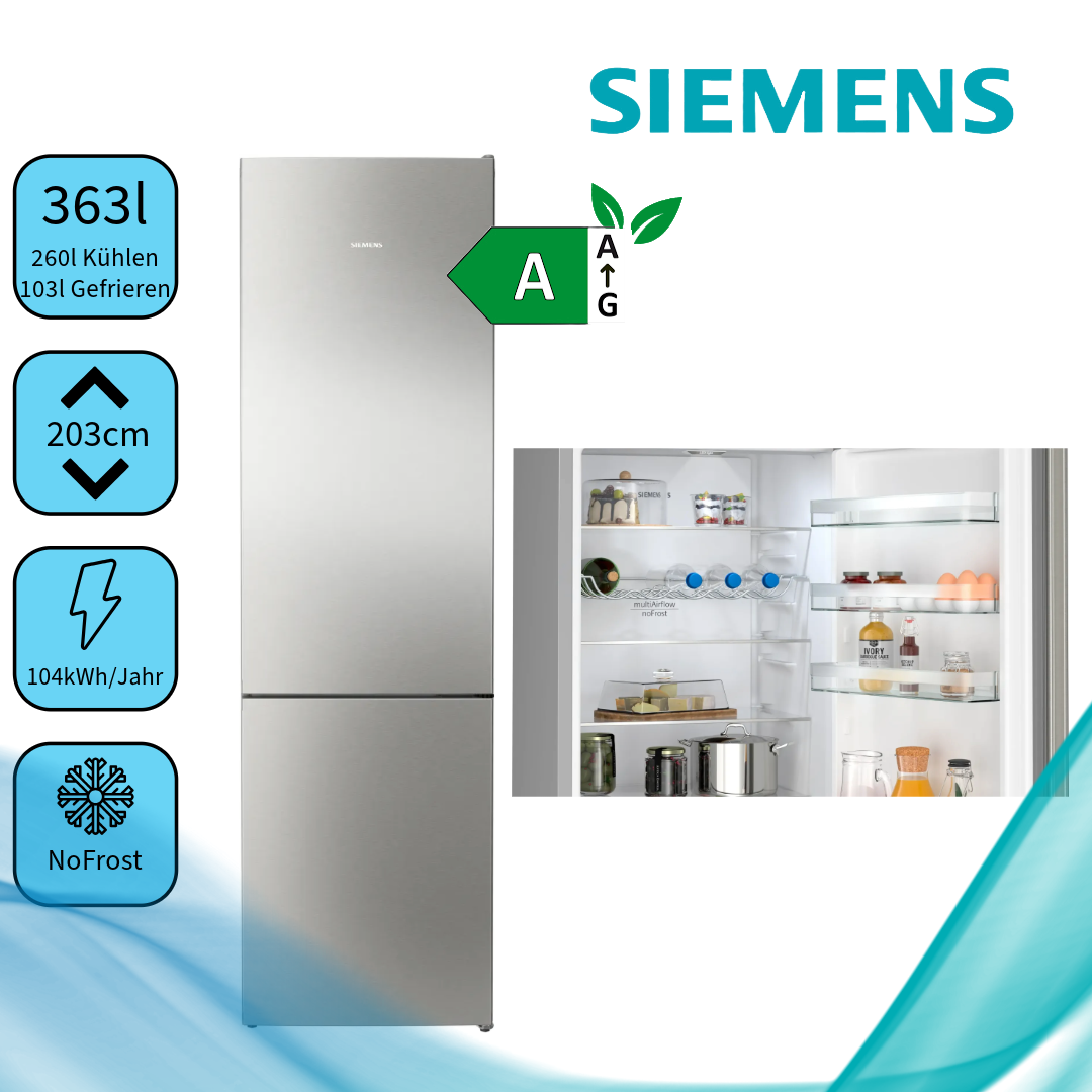 Siemens KG39N2IAF Kühl-Gefrierkombination  104 kWh/Jahr  Inhalt Kühlbereich 260 Liter freistehend