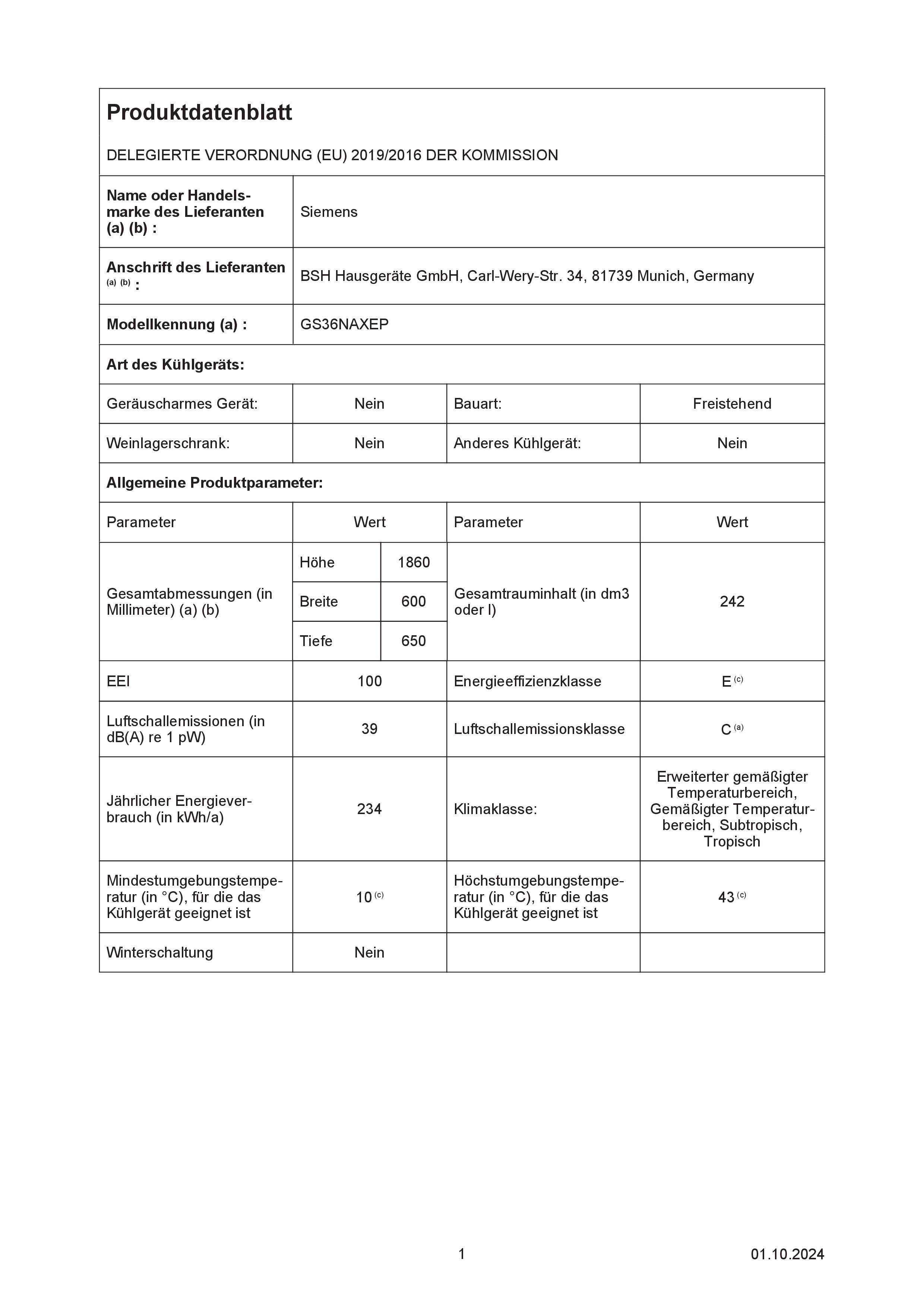 Siemens GS36NAXEP  Standgefrierschrank   242 Liter 