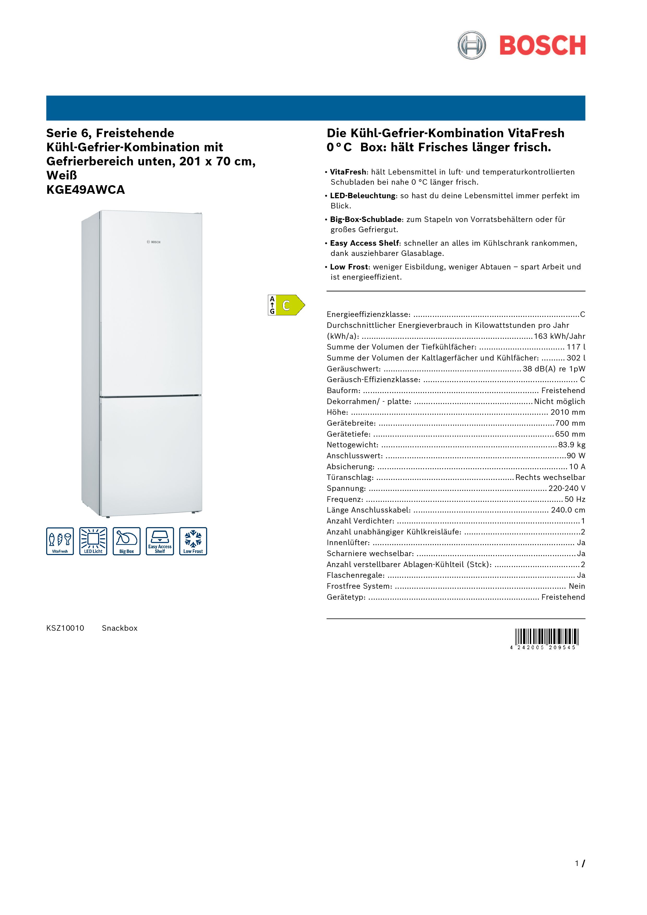 Bosch KGE49AWCA  Kühl-Gefrierkombi kWh/Jahr  Inhalt Kühlbereich 302 Liter 