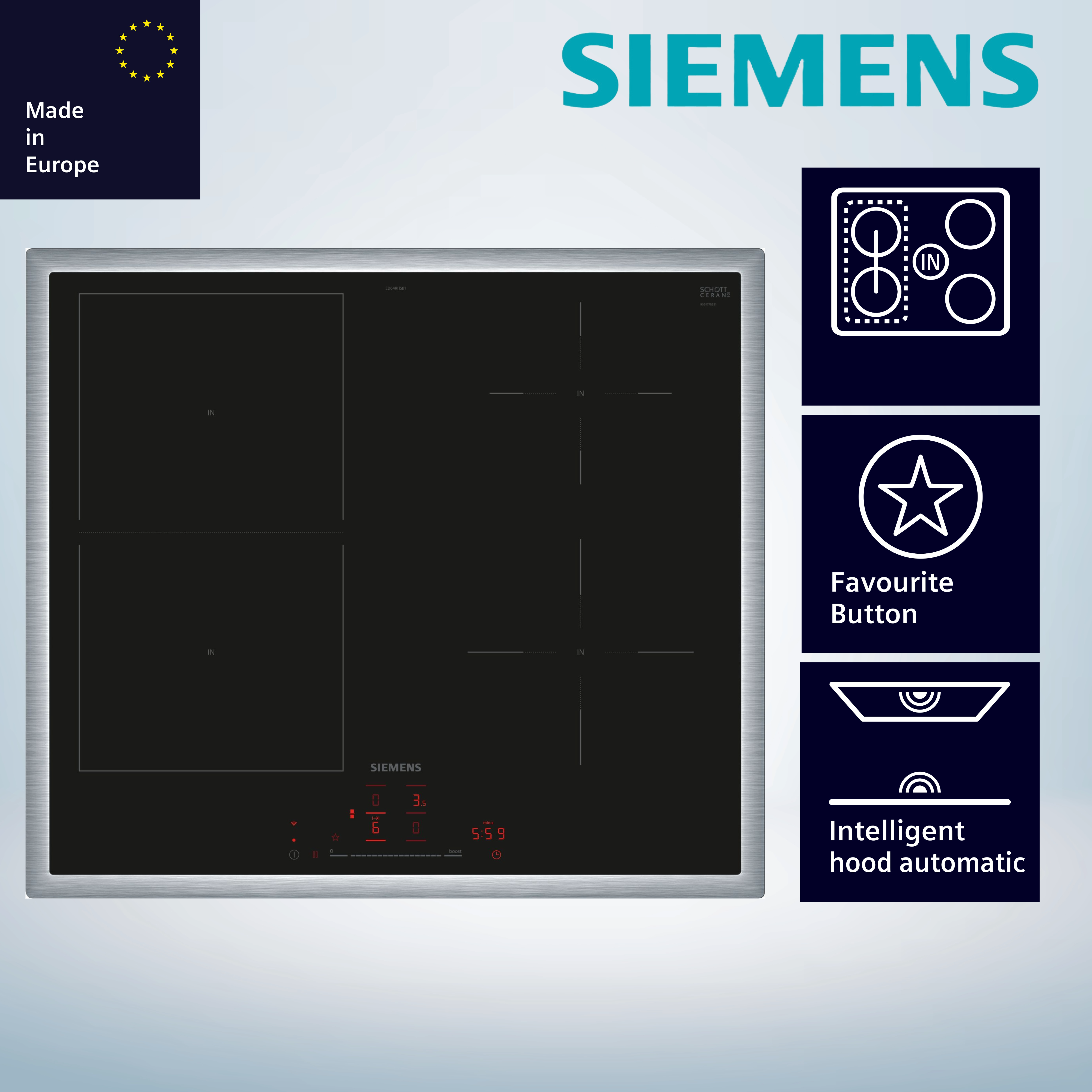  Siemens ED64RHSB1E Induktionskochfeld  flacher, breiter Rahmen  autark  aufliegender Einbau  WLAN