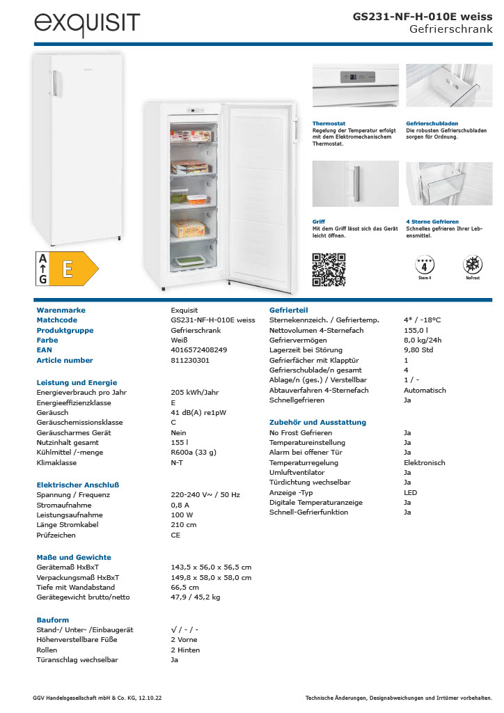 Exquisit GS231-NF-H-010E Standgefrierschrank, 155L, No-Frost, 4 Sterne, Energieeffizienz E